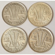 AUSTRALIA 1939, 1944, 1949, 1954 . THREEPENCE . 4 COINS